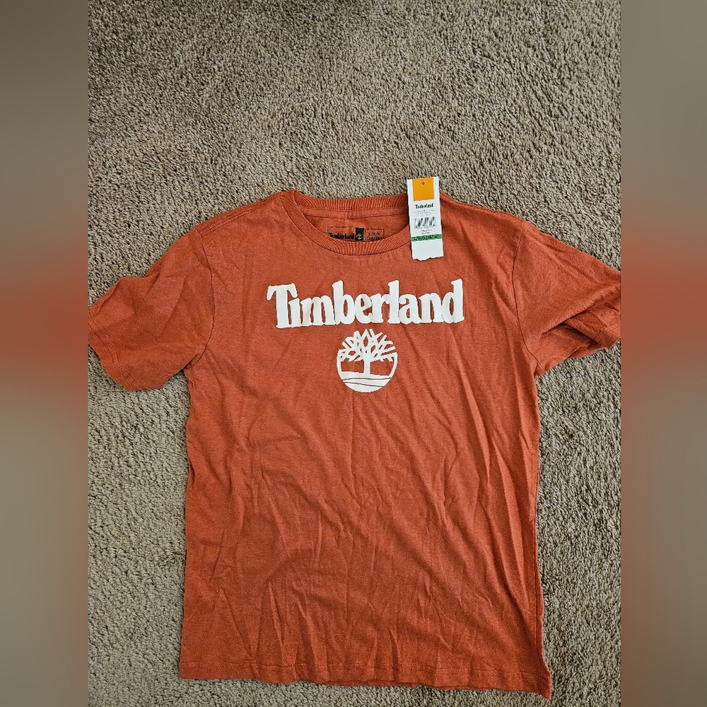 Timberland Boy's Rust Orange Logo Tee with White Print. Sz 14/16